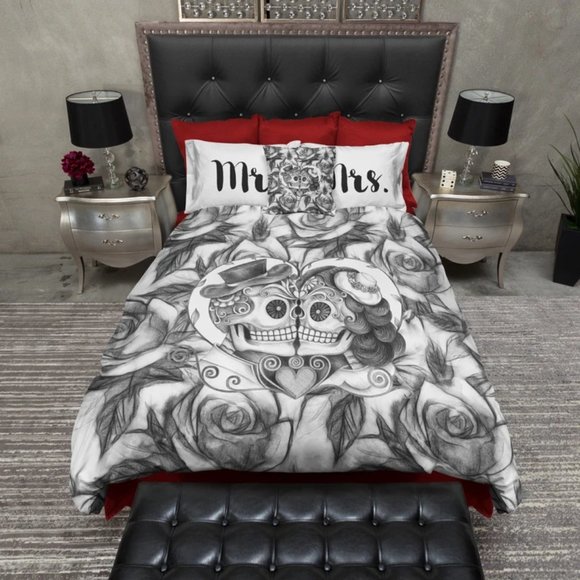 Queen Mr & Mrs Skull Bedding Set - Picture 1 of 1